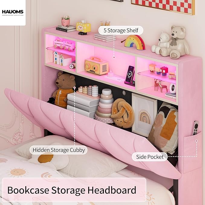 Twin Bed Frames with Storage Headboard,Power Outlet, LED Lights,Velvet Upholstered Platform Bed Twin for Kids, Pink Bed Frame with 5 Storage Shelves for Girls, No Box Spring Needed, Pink