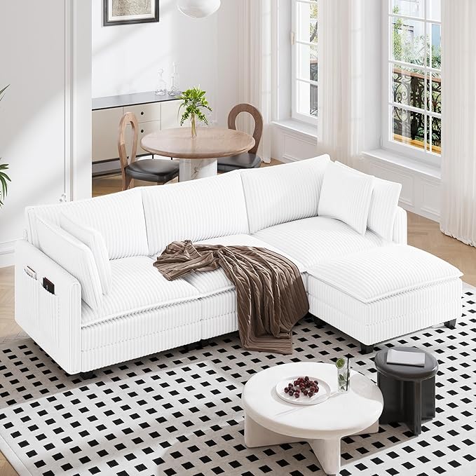 Vesgantti 109" L Shaped Cloud Sectional Couch, Comfy Corduroy Upholstered Modular Couches for Living Room, Modern Modular Sectional Sofa with Ottoman Deep Seat, Warm White