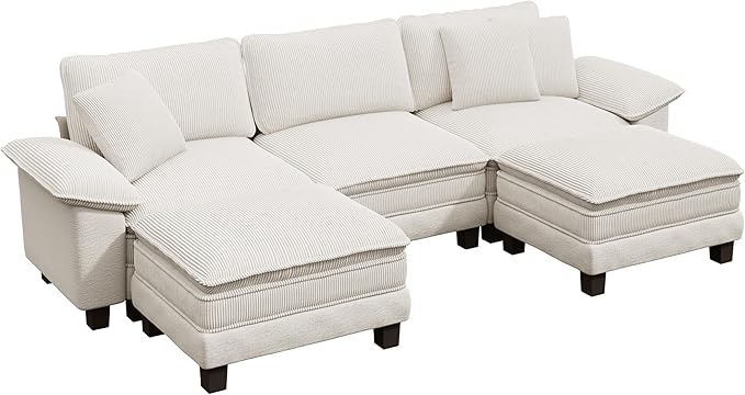 PHI VILLA Cloud Modular Couch Sets, 123.6" Sectional Sofa with U-Shaped Chaise Ottoman, 5-Seater Couches with Upholstered Deep Seat for Living Room, Chenille Corduroy Dual Fabric, Beige