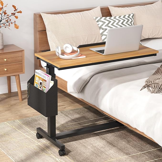 Tribesigns C-Shaped End Table, Small Adjustable Height Rolling Side Table with Wheels and Storage Bag, Portable Mobile Tiltable Laptop Desks for Couch, Living Room, Bedroom, Walnut