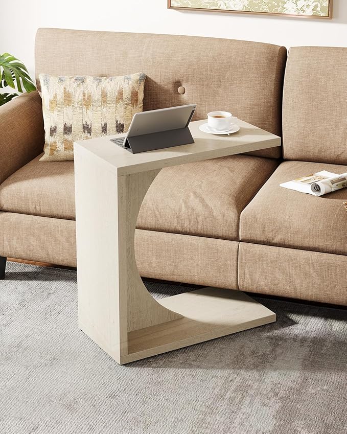 Tribesigns C-Shaped End Table for Couch, Sofa Side Table, C Table for Small Space, Living Room, Bedroom (1, Beige)