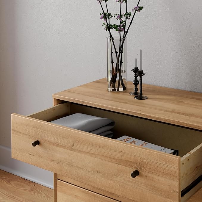 Prepac Finnley 3-Drawer Nightstand in Natural Oak, Extra-Wide Bedside Table with Storage, Modern End Table for Home, Bedroom, 16" D x 31" W x 26.75" H