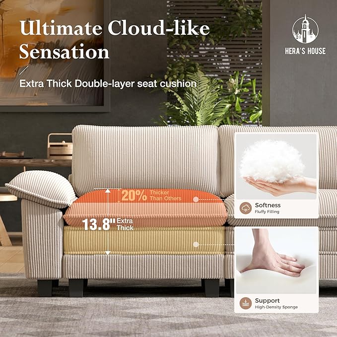 HERA'S HOUSE 158" Modular Sectional Sofa, Oversized L Shaped Couches for Living Room, Comfy Cloud Couch with Ottoman, 5-Seater Deep Seat Sofa with Throw Pillow, Corduroy Beige