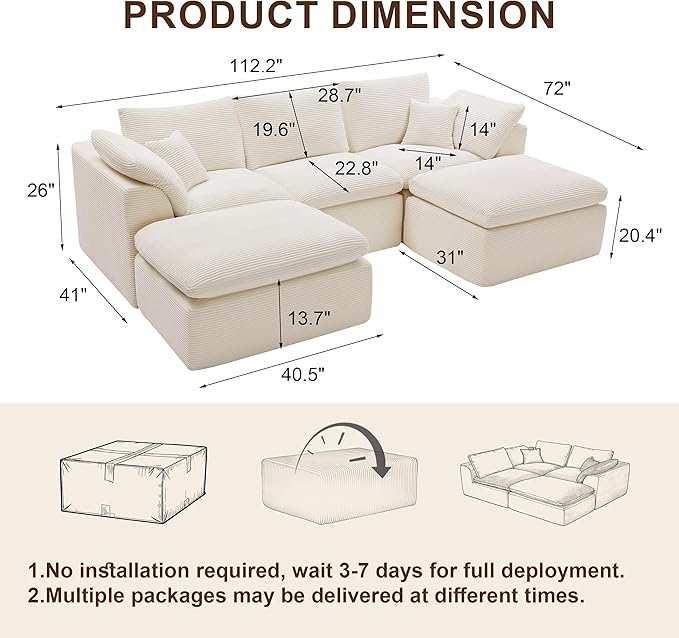 112" Cloud Sectional Couch, BonelessCouches for Living Room, U Shaped Couch with Convertible Ottoman, Modular Sectional Sofa with Deep Seat, Comfy Soft Cushions, No Assembly, Beige