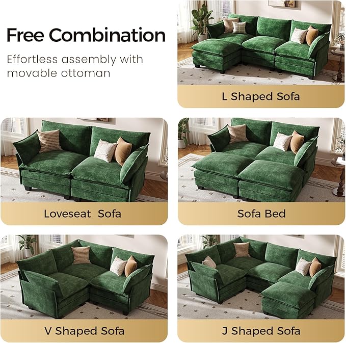 KKL Modular Sectional Sofa, J-Shaped 5 Seater Convertible L-Shaped Cloud Couch with Ottoman, Chenille Modern Sectional Couches for Living Room, Apartment Green