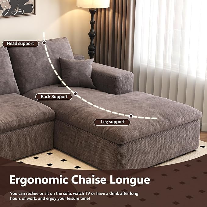 107'' U-Shaped Modern Modular Sectional Cloud Couch Whit Ottoman, 4-Seat Chenille Deep-Seat Sofa with Pillow for Living Room, Bedroom, Apartment, Camel