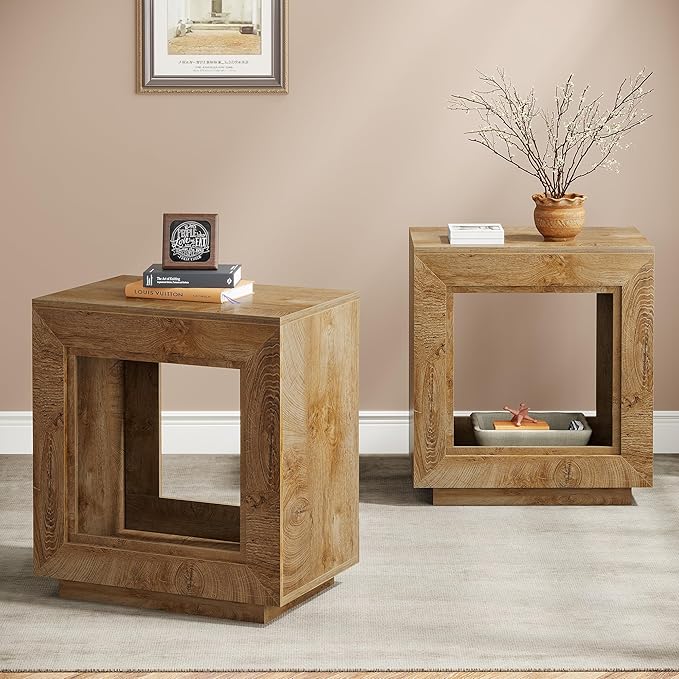 Tribesigns Rustic Wood End Table, 2 Tiered Square Side Table with Storage Shelf, Industrial Sofa Side Table for Living Room, Entrance (1, Natural)