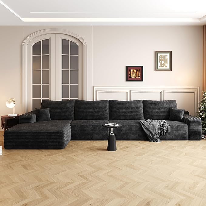 136" Sectional Couches for Living Room Modern Modular Sofa with L-Shape Couchs Upholstered Boneless Couch Deep Seat Sectional Couch with Chaise (Black, Left Facing Chaise+3Seaters)