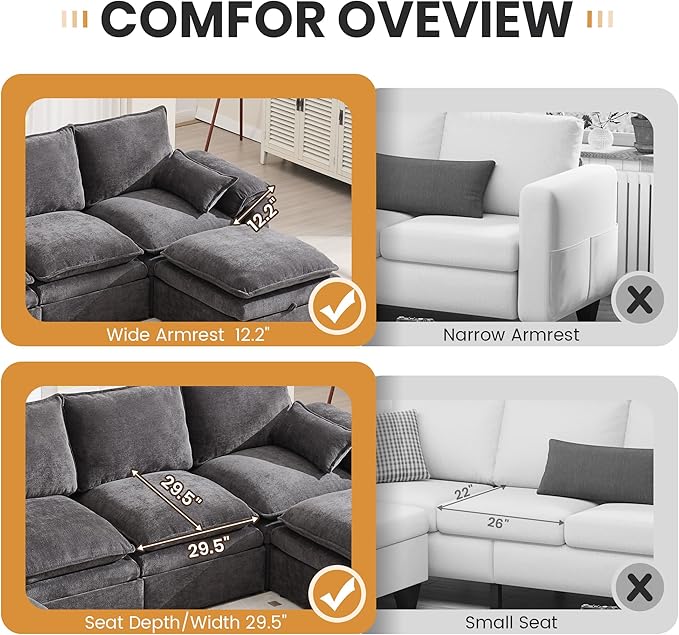 130" U Shaped Modular Sectional Sofa, Couch with Ottoman Storage, Chenille Cloud Couch with Plush Deep Seating for Living Room, Bedroom (9 Seat, Grey)