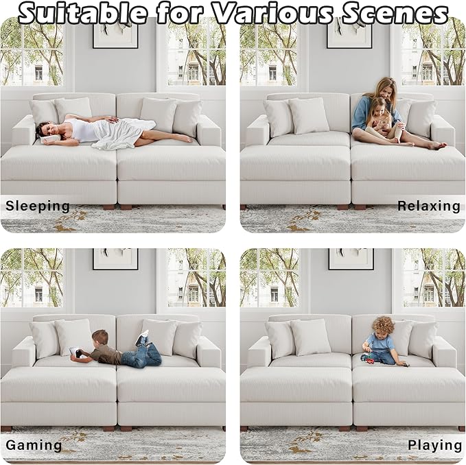 Modular Sectional Couches for Living Room, Modern Loveseat 2-Seater Sofa Couch with Ottoman, Upholstered Couches for Living Room Bedroom, Beige