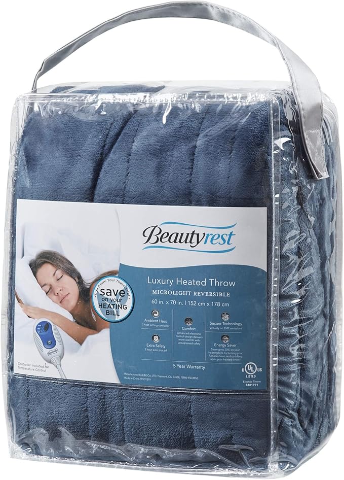 Beautyrest Heated Electric Blanket for Cold Weather, Fast Heating Heated Blanket, Auto Shut Off, Virtually Zero EMF, Multi Heat Setting, UL Certified, Sapphire Throw (60 inx70 in)