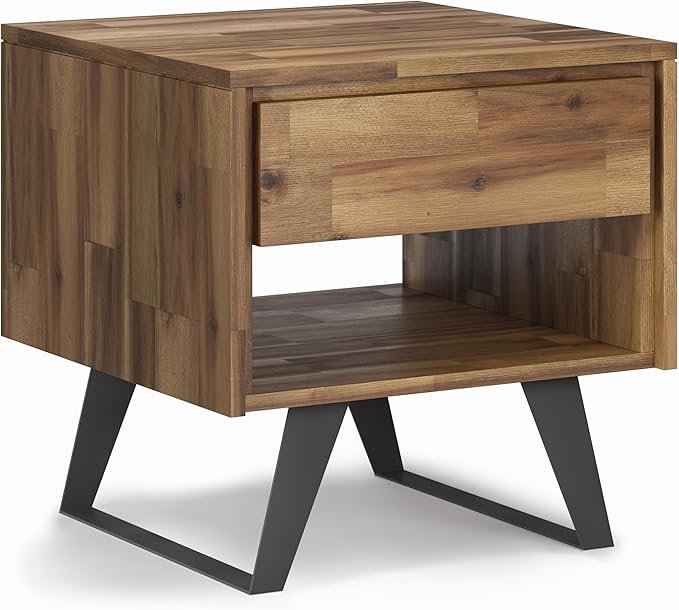 SIMPLIHOME Lowry SOLID ACACIA WOOD and Metal 22 Inch Wide Square Modern Industrial End Side Table in Distressed Golden Wheat, For the Living Room and Bedroom