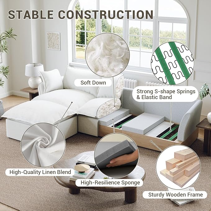 Cloud Sectional Sofa, Down Fill Cloud Couch, Convertible Modular Couch with Washable Cover, Movable Ottoman, Sectional Couches for Living Room, Bedroom, Small Apartments, Linen, Cream White