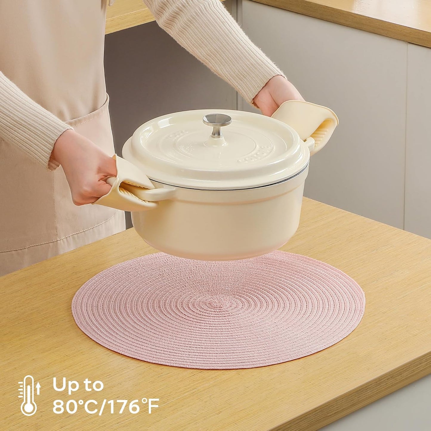 Leetaltree Round Placemats Heat and Slip Resistant Cotton Table Mats, Washable Bohemian Placemats for Dining Tables (Pink, Set of 8)