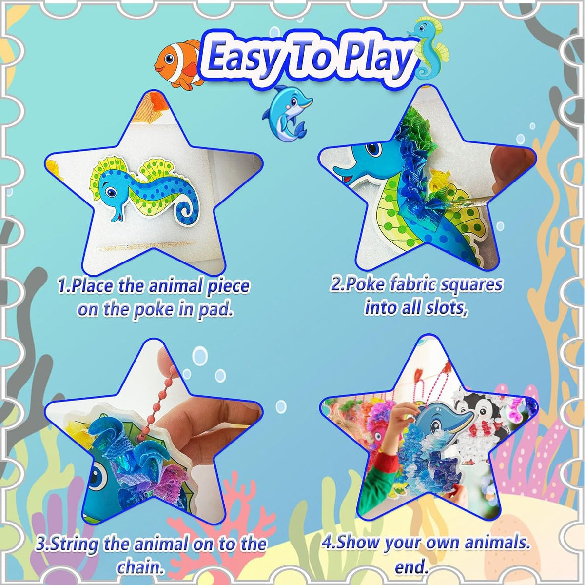 mom&myaboys Mess-Free Poke Art for Kids Ages 4-8 - Ocean Animals Craft Kit (8 Sea Creatures: Jellyfish, Dolphin, Turtle & More) | Beginner Sewing Toys for Toddlers | Creative Gift for Girls and Boys