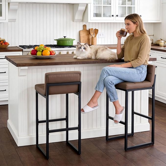 Set of 2 Barstools, Counter Height Bar Stools with Back, Faux Leather, Thickened Metal Legs, 30-inch Island Chairs for Kitchen Island, Bar, Counter (Coffee Brown, 2Pcs 30" Bar Stools)