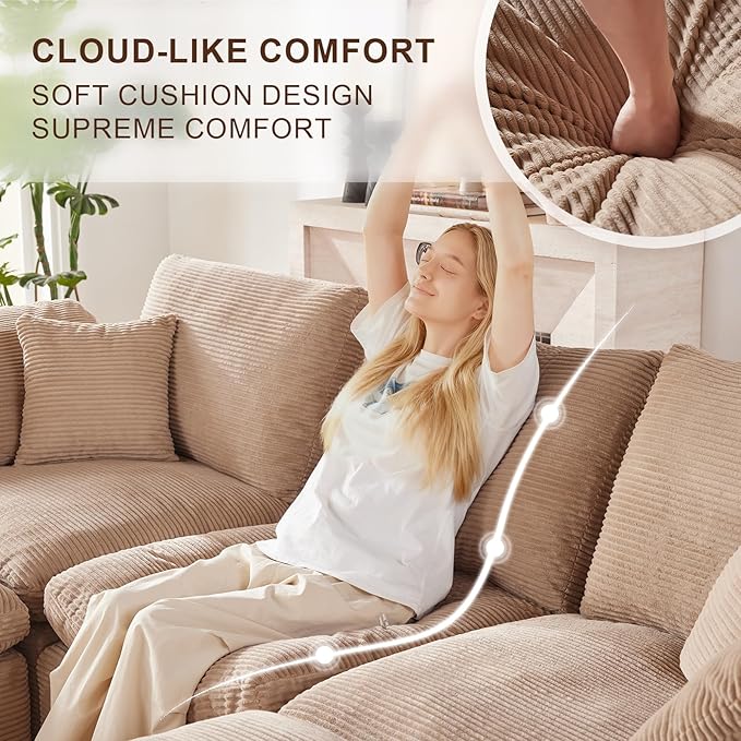 112" Cloud Sectional Couch, Boneless couches for Living Room, L Shaped Couch with Convertible Ottoman, Modular Sectional Sofa with Deep Seat, Comfy Soft Cushions, No Assembly, Camel