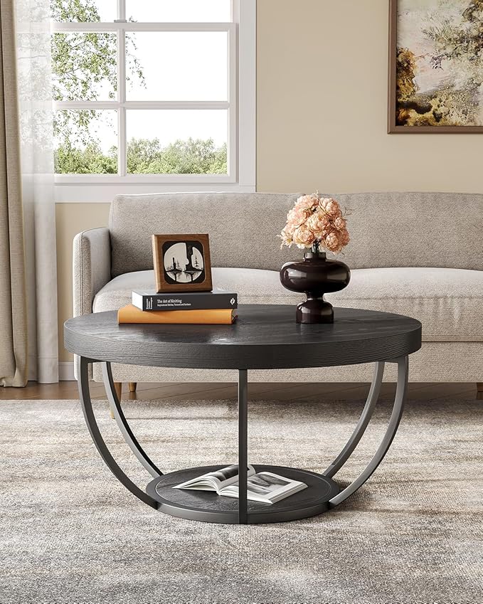 LITTLE TREE Round Coffee Table, 32" Circle Coffee Table for Living Room, 2-Tier Wood Accent Center Table with Open Storage Industrial Design Home Furniture (Black)