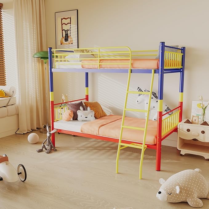 Metal Bunk Bed Twin Over Twin，Loft Bed with Removable Ladder and Full-Length Guardrail，Twin Bunk Beds Frame Heavy Duty Metal Slat Support for Adults, Kids and Young Teens