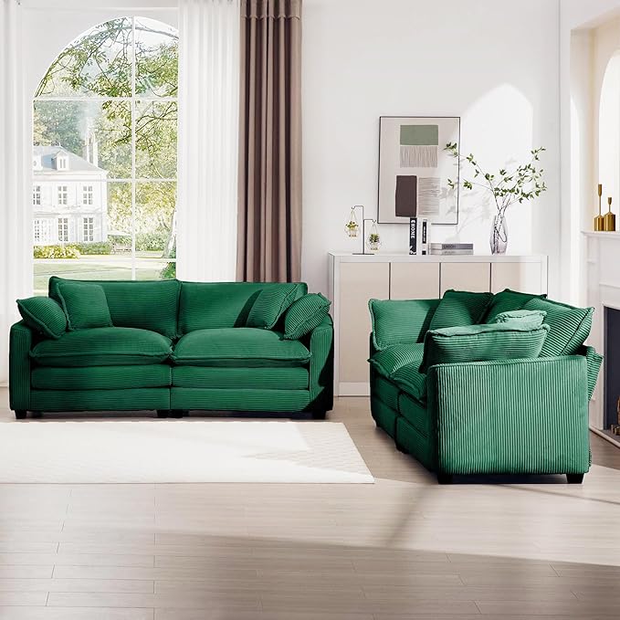 mikibama Luxury 2 Piece Sofa Set, 2 Pieces of Loveseat Couch, Modern Corduroy Comfy Cloud Couches Set for Living Room Office with 4 Armrest Pillows and 4 Toss Pillows, Green