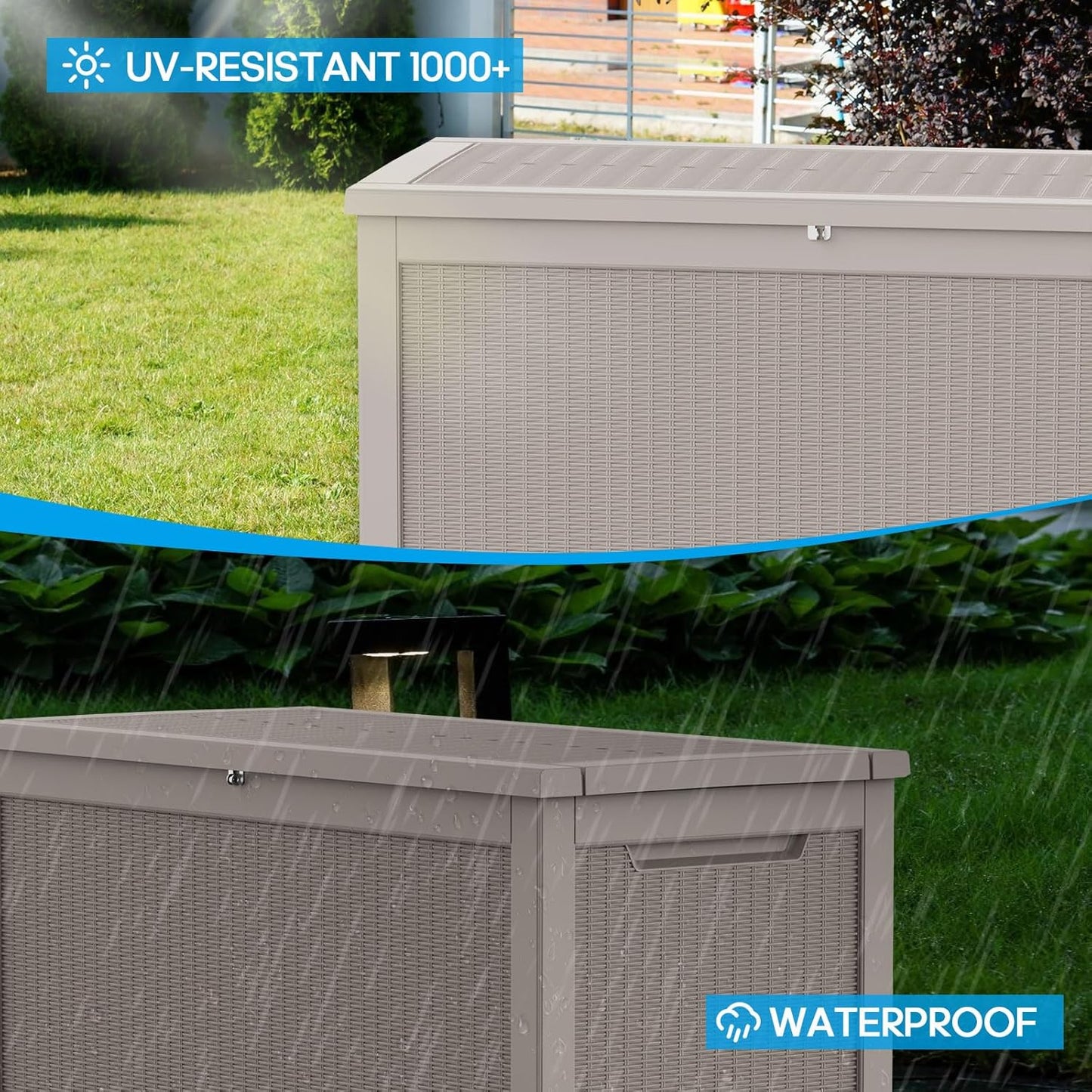 Vixzen 260 Gallon Resin Deck Box, Lockable Outdoor Storage Box for Patio Cushions Storage Furniture,Garden Tools, Pool Supplies, Weatherproof and UV Resistant- Grey