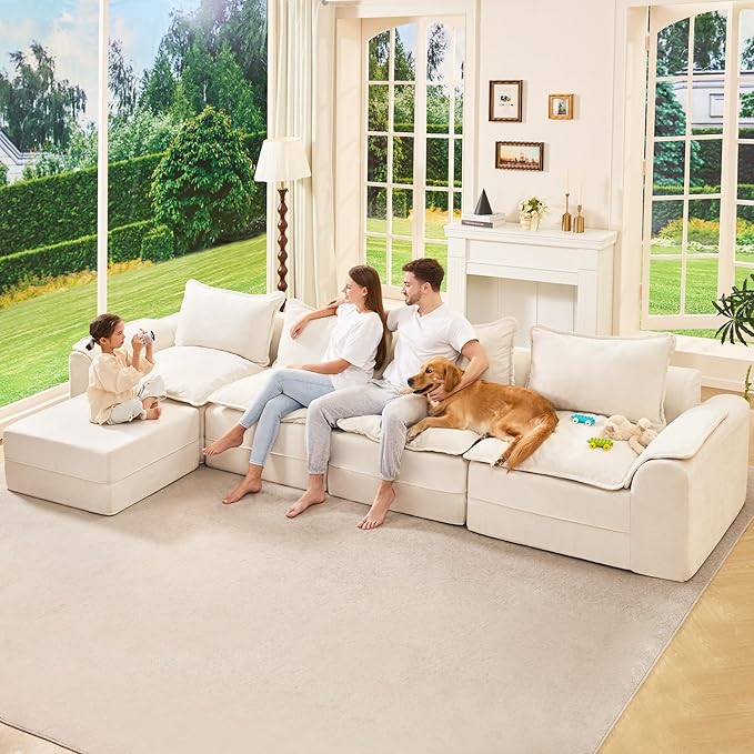 Hobestluk Cloud Modular Sectional Couch 4-Seater Sofa with Ottoman L Shaped Couch Deep Seat Sofa with Removable Cover Large Sofa for Living Room (Beige, 4-Seater Sofa with One Ottoman)
