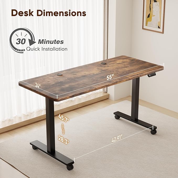 Monomi 55" Electric Standing Desk,Height Adjustable Home Office Sit Stand Up Computer PC Table,Tall Standup Workstation, Gaming, Writing, Study,Bedroom Rising Desks with Two-Piece Desktop,Brown