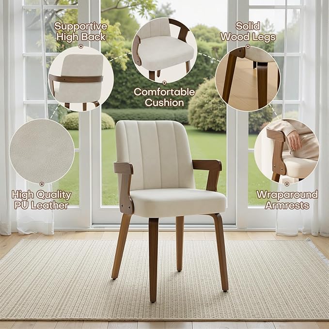 Kitchen Dining Chairs Set of 2, Faux Leather Upholstered Dining Room Chairs with Wood Arms and Legs, Mid Century Modern Kitchen Side Chair for Living, Bedroom, Restaurant, Walnut/Beige