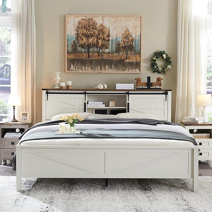T4TREAM Farmhouse Queen Size Bed Frame w/Storage Bookcase Headboard, Sliding Barn Door, Charging Station, Rustic Wood Platform Bed w/Wood Slats Support, No Box Spring Needed, Antique White