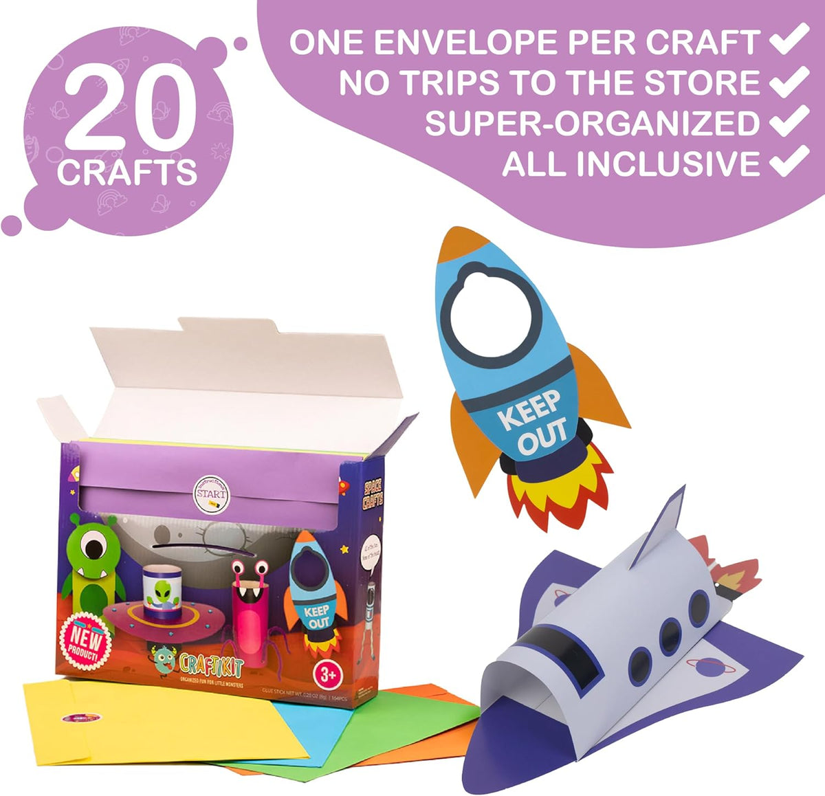 Craftikit® 20 Space Arts & Crafts for Kids - All-Inclusive Fun Toddler Craft Kit, Ages 3-10, Galaxy-Themed Activities