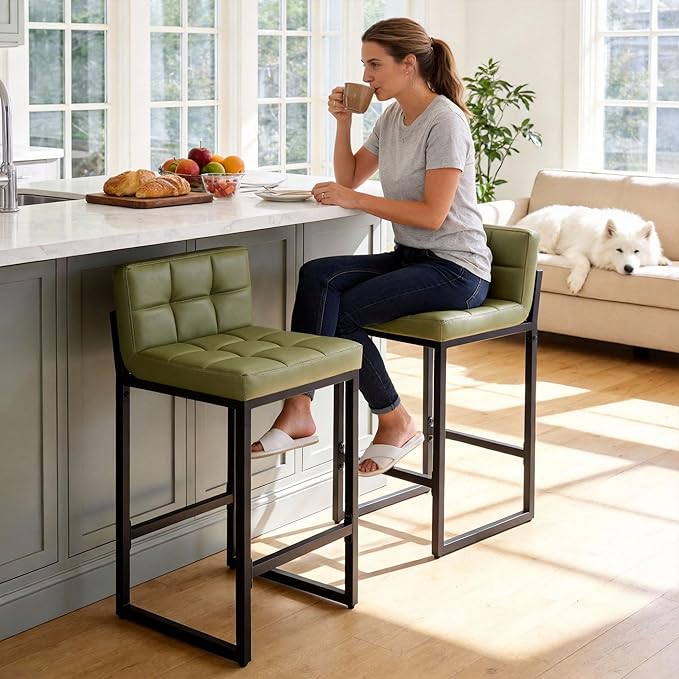 Counter Height Bar Stools Set of 2, Modern Faux Leather Counter Stools with Low Back and Footrest, Upholstered Bar Chairs for Kitchen Island, Bar, Counter (Avocado Green, 2Pcs 26" Bar Stools)
