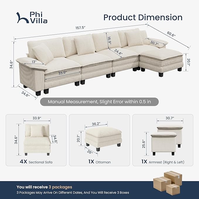 PHI VILLA Cloud Modular Couch Sets, 157.5" Sectional Sofa with L-Shaped Chaise, 5-Seater Upholstered Couches with Movable Ottoman for Living Room, Corduroy Fabric, Beige