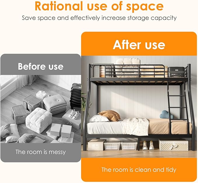 SDHYL Bunk Beds Twin Over Full Size, Heavy Duty Metal Bunk Bed Frame for Adults, Space-Saving & No Box Spring Needed, Black