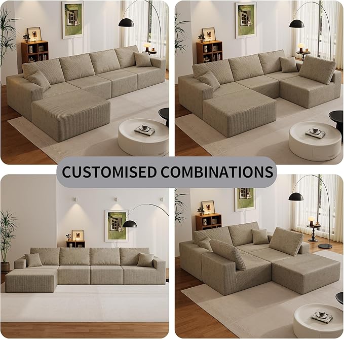 139" Boneless Cloud Sectional Couch for Living Room, Compressed Modular L-Shaped Sofa with Deep Seat, Frameless Corduroy Couch in Boxes, No Assembly Required 4-Seater (Left-Facing Chaise, Grey)