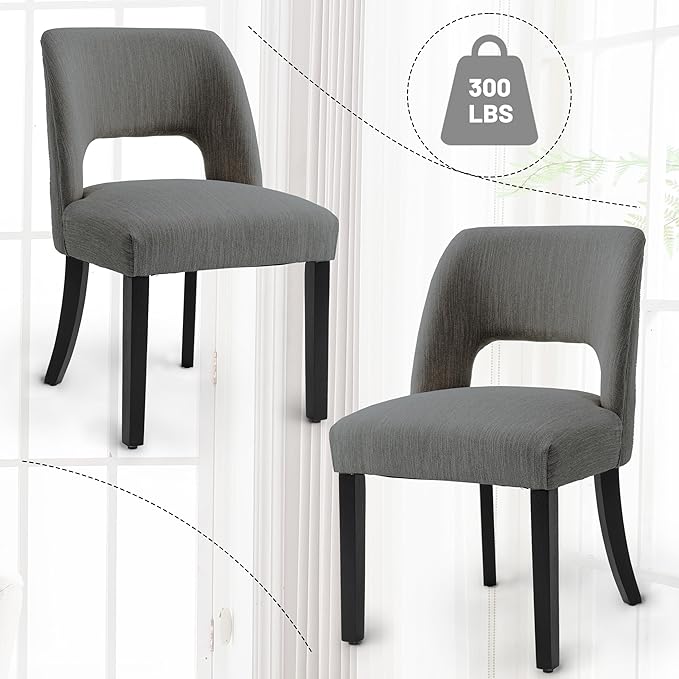 VKNOW Wooden Dining Chairs Set of 6, Modern Fabric Upholstered Dining Room Chair Kitchen Chairs, Farmhouse Dinner Chair for Kitchen Dining Room, Dark Grey-Black Legs
