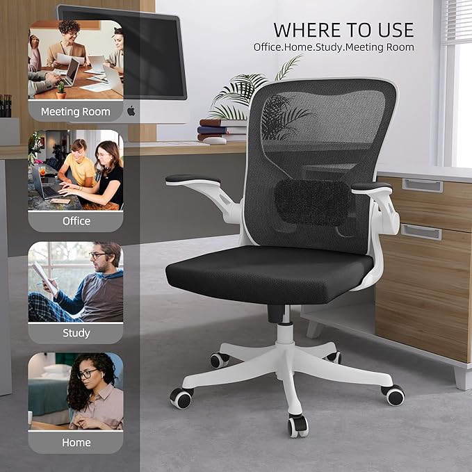 Monhey Office Chair - Ergonomic Office Chair with Lumbar Support & Flip Up Arms Home Office Desk Chairs Rockable High Back Swivel Computer Chair White Frame & Black Mesh Study Chair