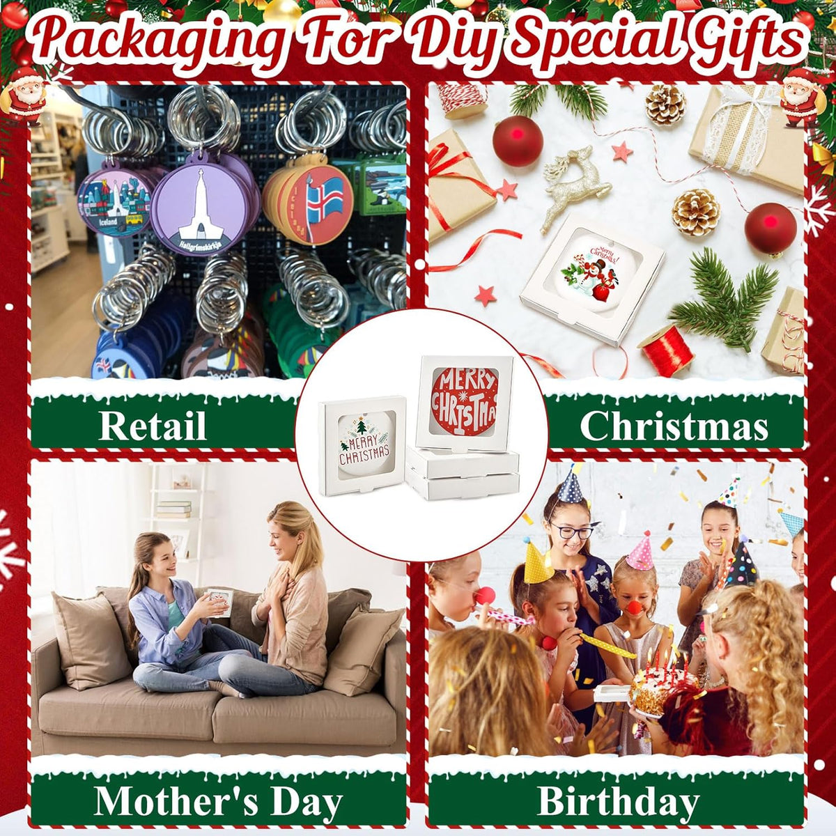 25 Pcs Sublimation Ornament Blanks Box 3.6"x3.6"x0.7" Christmas Ornaments Holder Ceramic Discs Packaging Box with Window for Personalized Xmas Tree Blanks Bulk (White)