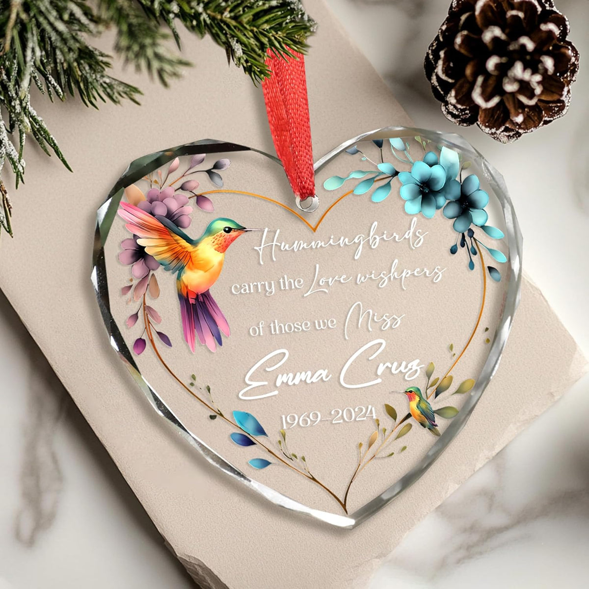 Personalized Memorial Hummingbird Glass Ornament – Custom Photo, Name, Birth Year & Passing Year – in Loving Memory – Memorial Gift for Loss of Loved One 2024