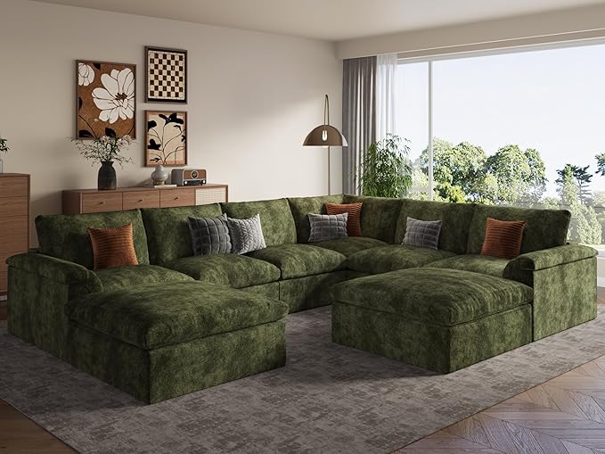 EASE MOOSE Oversized Boneless Sectional Couch-8-Seat, Corner V-Shaped Deep-Seat Modular Cloud Sofa, No-Assembly Chenille Sofa for Living Room, Green