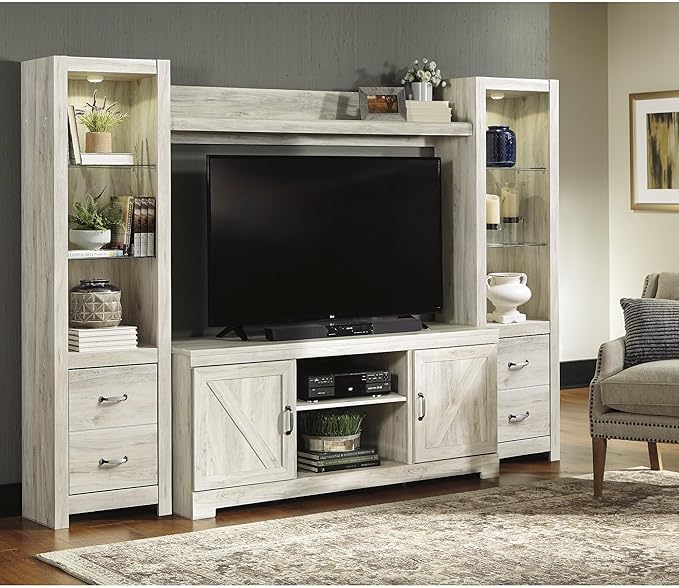 Signature Design by Ashley Bellaby Farmhouse 4-Piece Entertainment Center for TVs up to 72" with Adjustable Shelves, Whitewash