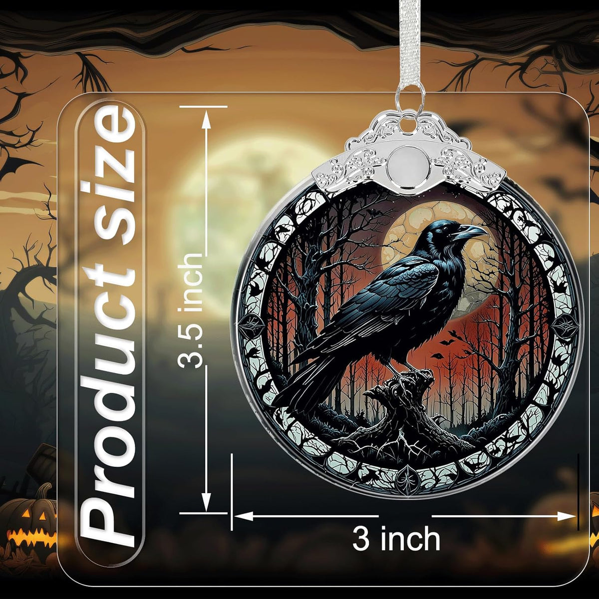 Crow Under Moonlight Halloween Christmas Tree Stained Glass Ornament - Hanging Ornaments for Christmas Tree Decorations - Holiday Keepsake Present Exchange Idea