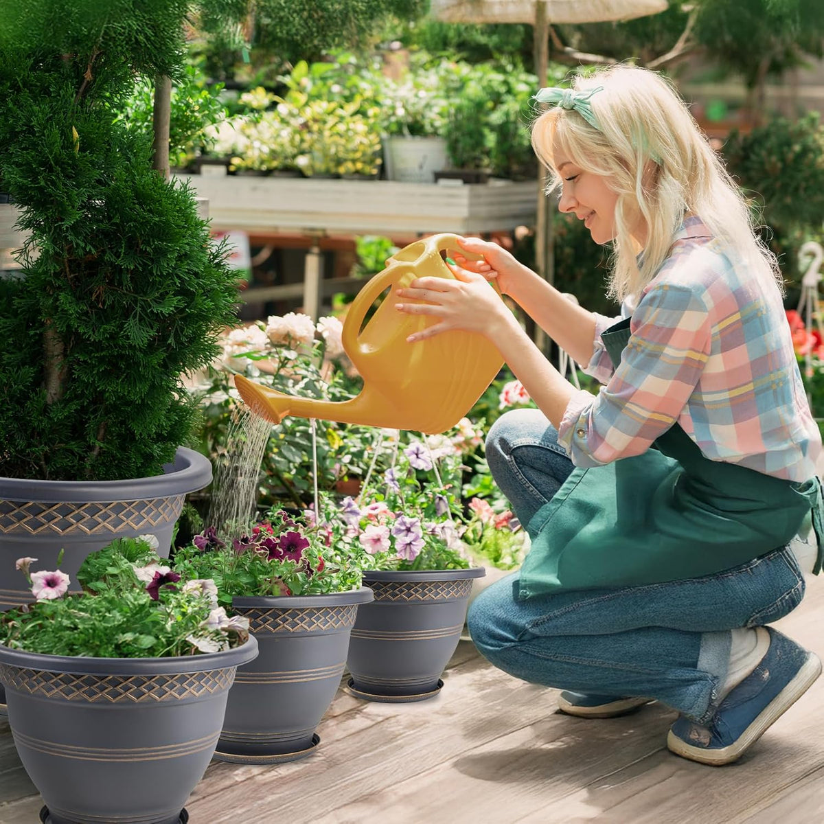 4 Pack 12 Inch Large Plant Pots, Plastic Flower Pot for Indoor & Outdoor with Drainage Holes & Saucer, Plaid Pattern Planters Garden Pots for Herbs