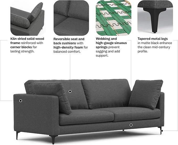 SIMPLIHOME Ava Sofa in 100% Recycled Polyester Tightly Woven Performance Fabric, Pebble Grey, 90-inches Wide, Handcrafted Mid-Century Modern Style Sofa for Living Room or Couch for Family Room