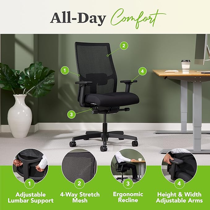 HON Ignition 2.0 Mid Back Task Chair, Advanced Synchro-Tilt Control, Office Chair with Lumbar Support, Height and Width Adjustable Arms, Black Frame, Frost