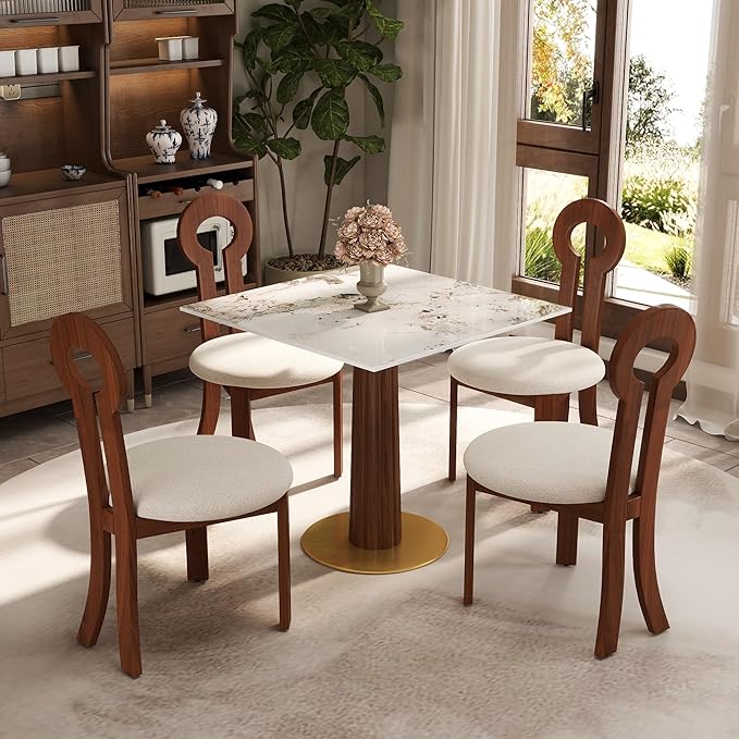 Sintered Stone Square Office Table and Chair Set - Meeting Table for Small Offices (Dark Brown Leg and Pandora Top, 1 Table and 4 Chairs)
