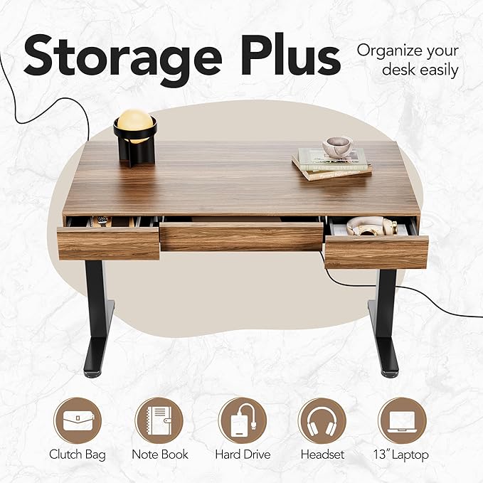 HUANUO Electric Standing Desk with 3 Drawers, 48 Inches Height Adjustable Stand Up Desk, Whole-Piece Board Computer Workstation with 4 Memory Height Settings, Black Walnut