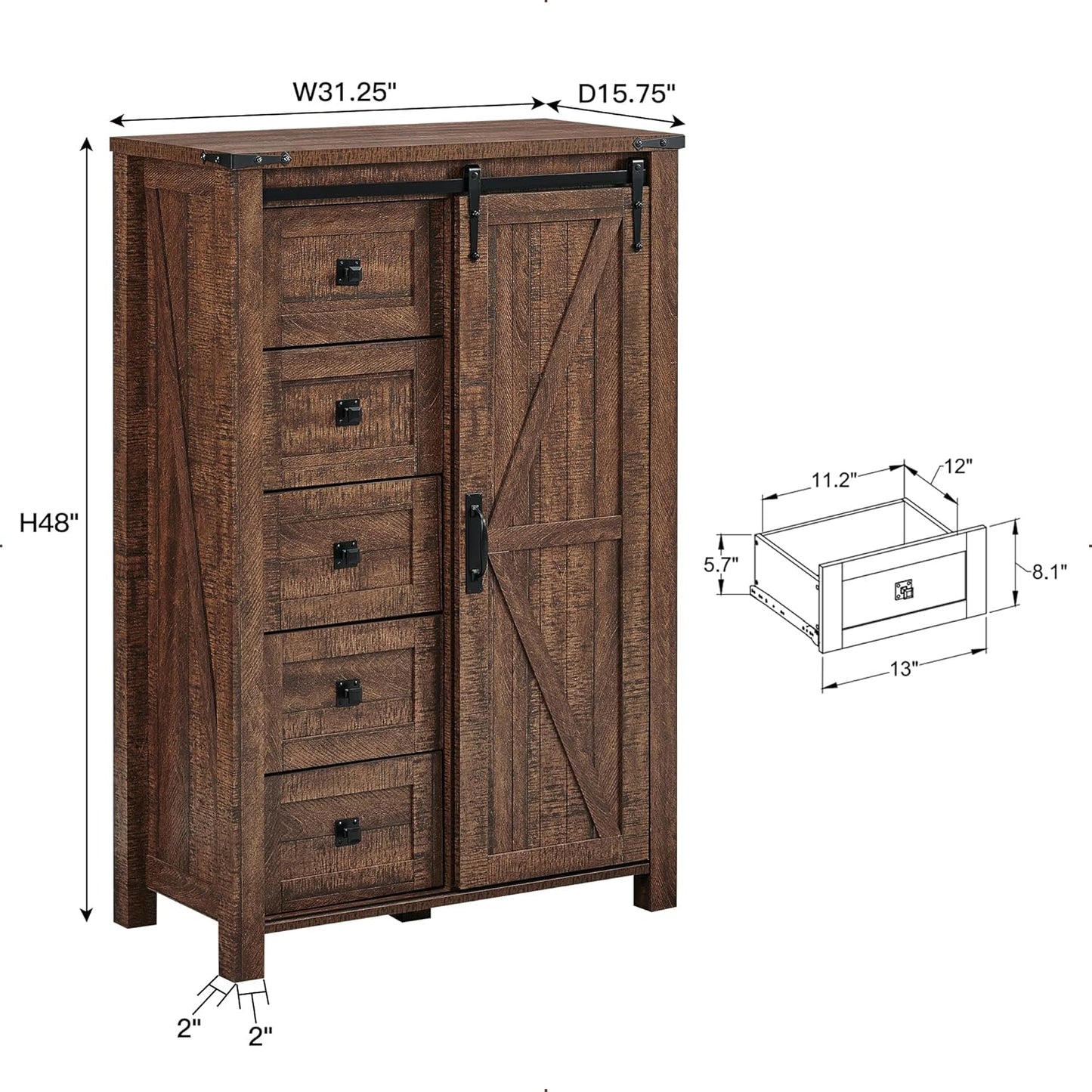 T4TREAM 5 Drawers Dresser for Bedroom w/Sliding Barn Door, Farmhouse Modern Dresser Tall 5 Chest of Drawers, Storage Organizer for Bedroom, Hallway, Living Room, Kids Room, Reclaimed Barnwood