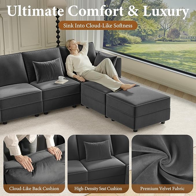 Vesgantti Sectional Sleeper Sofas with Storage, 118" Sofa Bed with 8 Seats Storage Chaises Removeble Cover, Deep Seat Modular Couches Velvet Couch Set for Living Room, Apartment, Home Theatre, Gray
