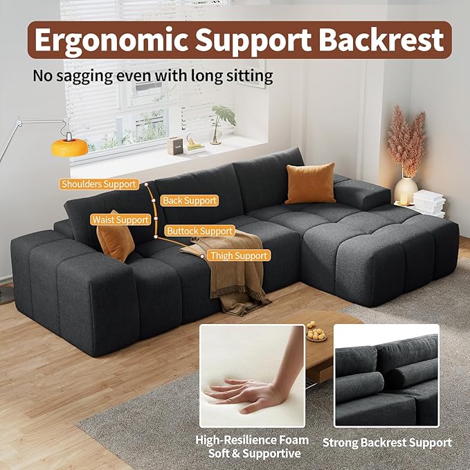 114” Oversized Modular Sectional Couch for Living Room, Chenille Boneless Couch L-Shape Cloud Sofa with Deep Seat and Chaise, Memory Foam Compressed Sofa for Living Room Furniture Bedroom Apartment