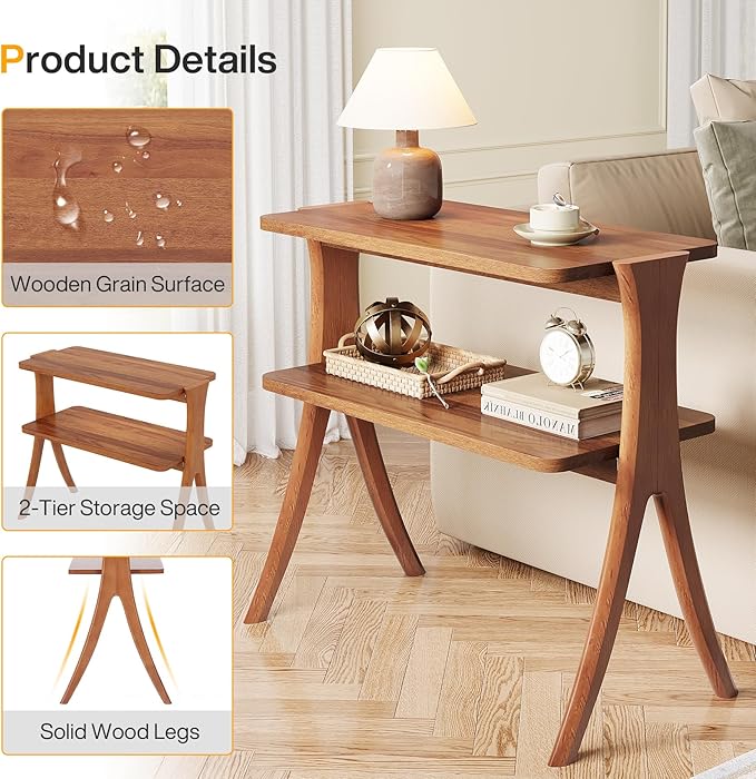 Tribesigns Walnut Side Table for Living Room, Narrow End Table with 2-Tier Storage Shelf and Solid Wood Legs, Slim Modern Bedside Table Nightstand for Bedroom, Small Spaces (1)
